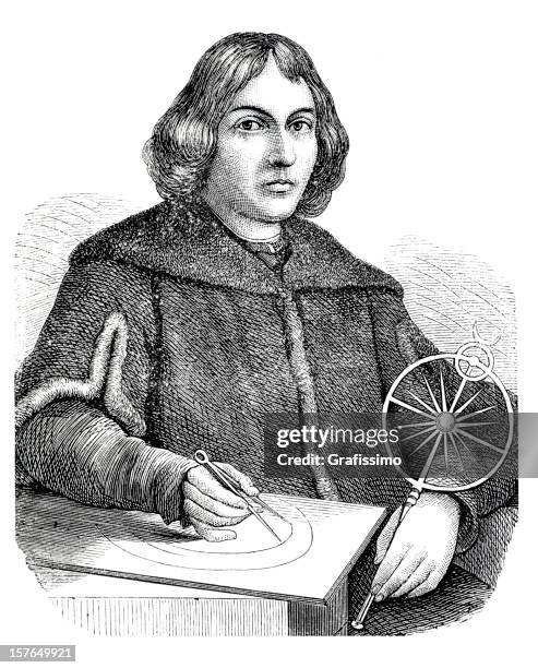 engraving of astronomer nicolaus copernicus from 1870 - copernicus stock illustrations