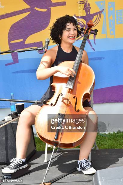 Ana Carla Maza performs backstage for Radio Womad during Day 2 of the Womad Festival at Charlton Park on July 28, 2023 in Malmesbury, England.