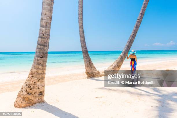 woman with colorful dress looking at view on an empty tropical beach - wonderlust imagens e fotografias de stock