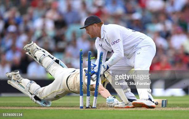 England wicketkeeper Jonny Bairstow runs out Steve Smith but the decision is reversed after review during two one of the LV= Insurance Ashes 5th Test...