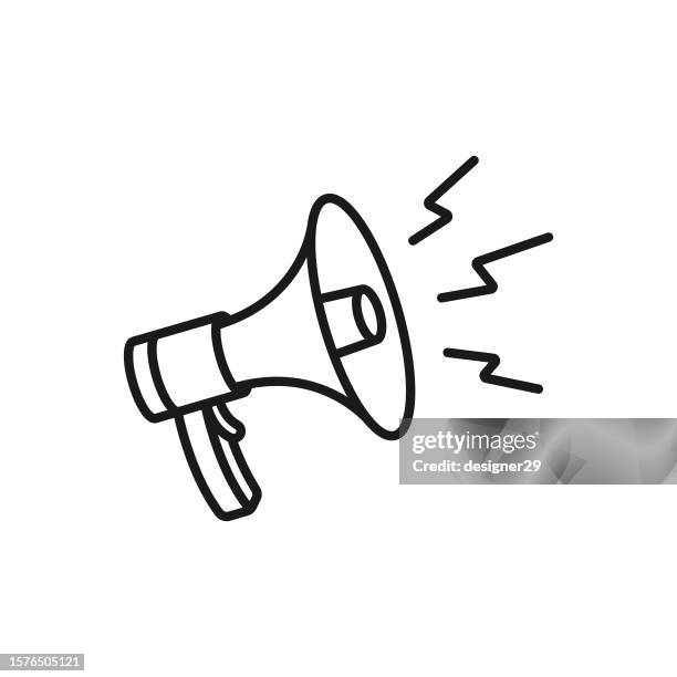 ilustraciones, imágenes clip art, dibujos animados e iconos de stock de icono de la línea del megáfono. - altavoz