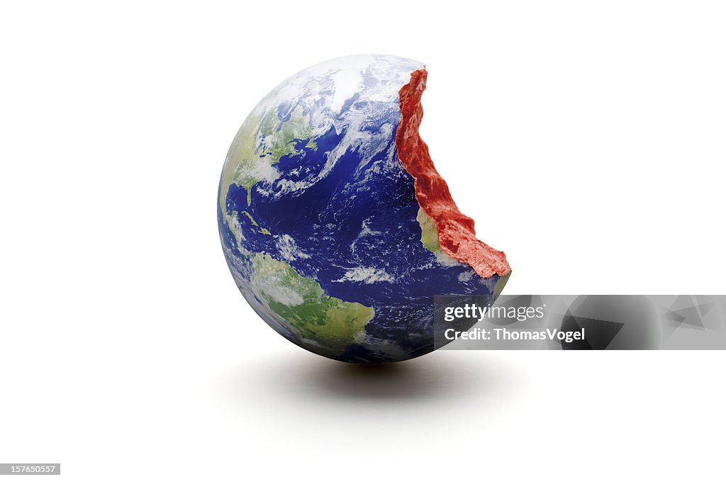 Bitten Earth World globe. Exploitation Environment Concept