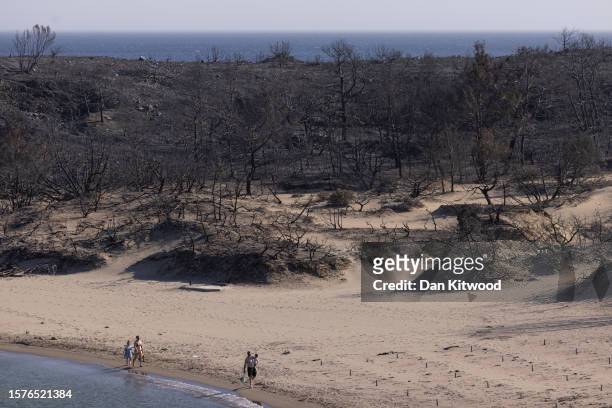 People relax on Glistra beach on July 28, 2023 in Lardos, Rhodes, Greece. The popular beach was ravaged by wildfire that also destroyed the up-market...