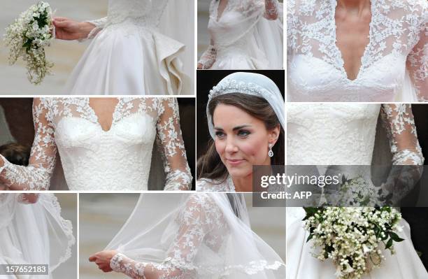 Combo of images showing Kate, Duchess of Cambridge's wedding dress and jewellery as she steps out of Westminster Abbey in London, after marrying...
