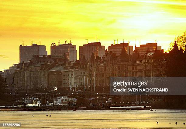 The skyline of Stockholm, the capitol of Sweden, 03 April 2004, seen at sunset from the island of Djurgarden with birds walking on the last ice as...