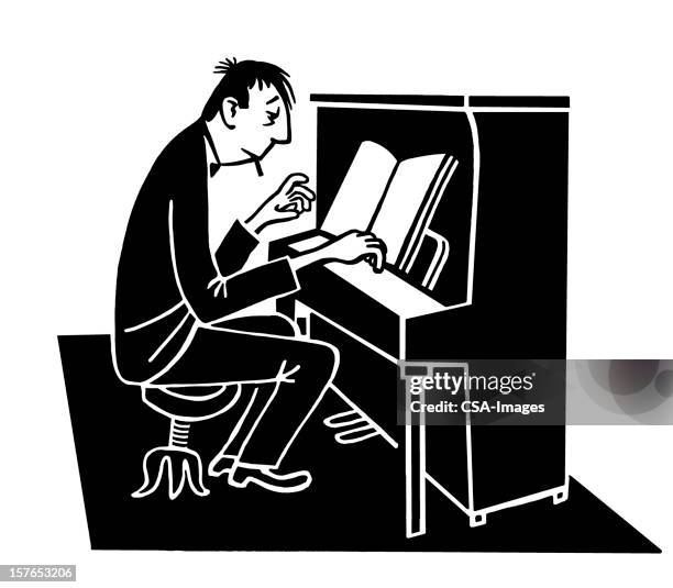 man playing upright piano - playing piano side view stock illustrations