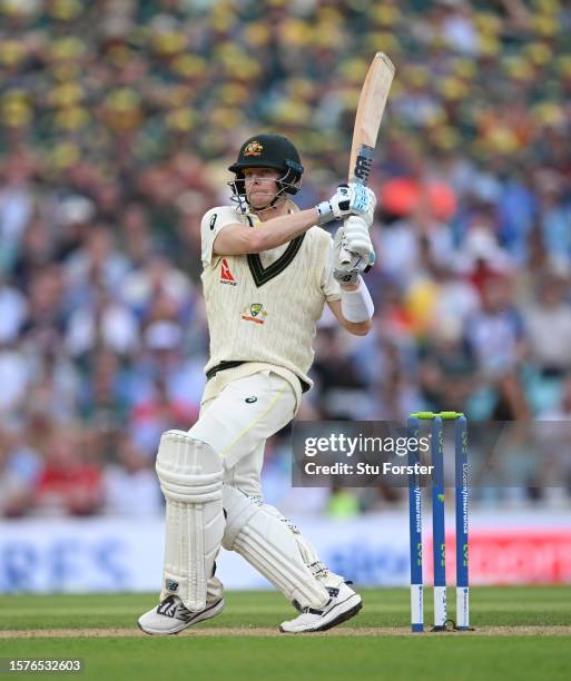 Australia batsman Steve Smith pulls a ball to the boundary during day two of the LV= Insurance Ashes 5th Test Match between England and Australia at...