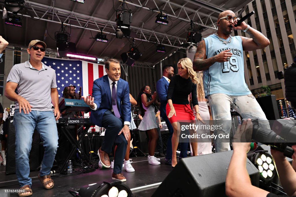 Flo Rider Actor Sean Duffy, Todd Piro and Ainsley Earhardt appear on stage with Flo ...