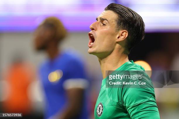 Goalkeeper Kepa Arrizabalaga of Chelsea yells to his team against Newcastle United during the first half of the Premier League Summer Series match at...