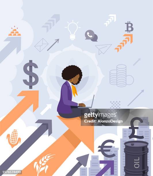african american businesswoman character. trader working on laptop. financial analyst. - financial education stock illustrations