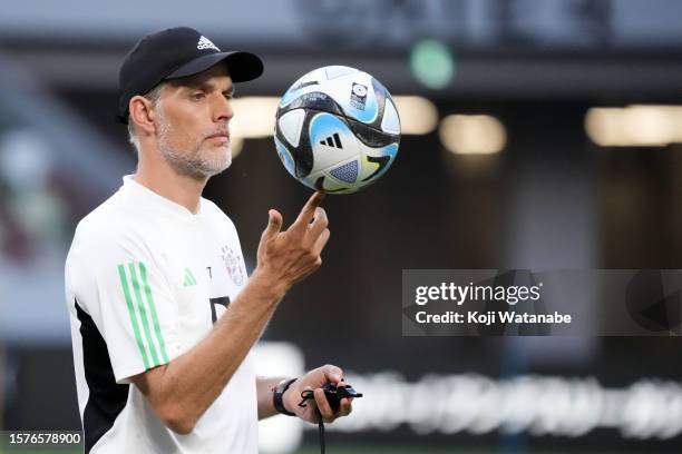 Thomas Tuchel of Bayern Muenchen in action during the Bayern Muenchen press conference and training session at National Stadium on July 28, 2023 in...