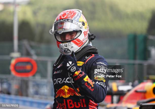 Pole position qualifier Max Verstappen of the Netherlands and Oracle Red Bull Racing celebrates in parc ferme during qualifying ahead of the F1 Grand...