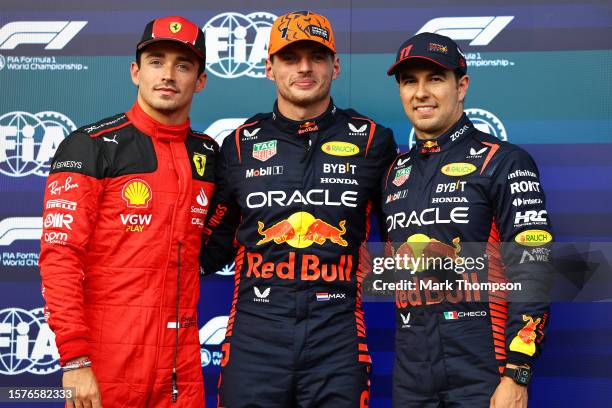 Pole position qualifier Max Verstappen of the Netherlands and Oracle Red Bull Racing , Second placed qualifier Charles Leclerc of Monaco and Ferrari...