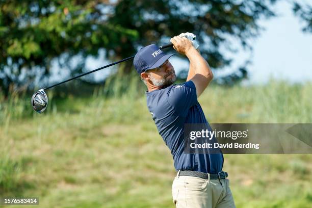 Ryan Moore of the United States plays his shot from the 12th tee during the second round of the 3M Open at TPC Twin Cities on July 28, 2023 in...