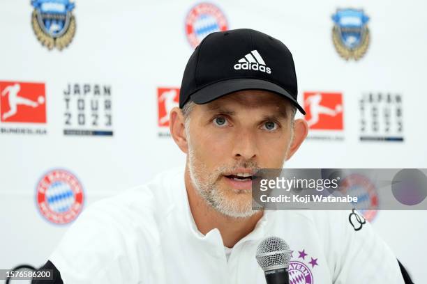 Thomas Tuchel of Bayern Muenchen speaks on during the Bayern Muenchen press conference and training session at National Stadium on July 28, 2023 in...