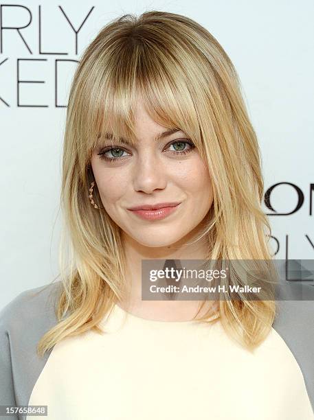 Actress Emma Stone attends the Emma Stone Revlon's NEW Nearly Naked Makeup Launch at The London Hotel on December 5, 2012 in New York City.