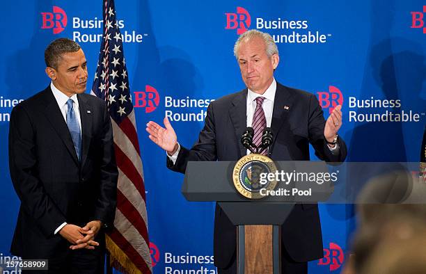 President Barack Obama is introduced by Chair of the Business Roundtable Boeing CEO Jim McNerney prior to delivering remarks to members of the...