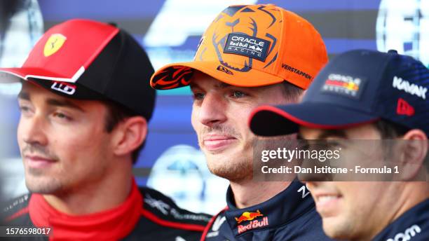 Pole position qualifier Max Verstappen of the Netherlands and Oracle Red Bull Racing , Second placed qualifier Charles Leclerc of Monaco and Ferrari...