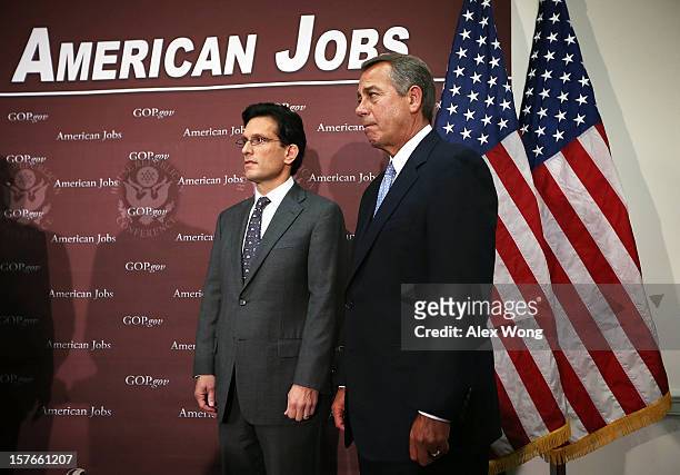 Speaker of the House Rep. John Boehner and House Majority Leader Rep. Eric Cantor listen during a news conference after a House Republican conference...