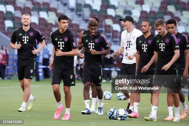 Bayern Muenchen team players in action during the Bayern Muenchen press conference and training session at National Stadium on July 28, 2023 in...