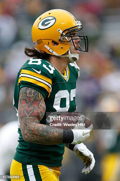 Tom Crabtree of the Green Bay Packers warms up before a game against the Minnesota Vikings at Lambeau Field on December 2, 2012 in Green Bay,...