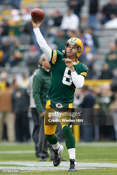 Graham Harrell of the Green Bay Packers warming up before a game against the Minnesota Vikings at Lambeau Field on December 2, 2012 in Green Bay,...