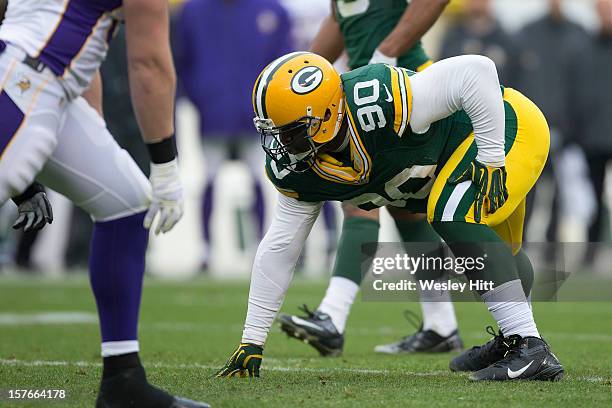 Raji of the Green Bay Packers at the line of scrimmage during a game against the Minnesota Vikings at Lambeau Field on December 2, 2012 in Green Bay,...