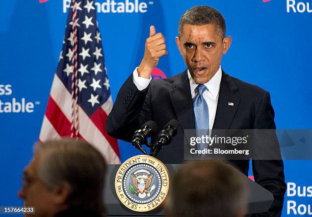 President Barack Obama addresses members of the Business Roundtable at their headquarters in Washington, D.C., U.S., on Wednesday, Dec. 5, 2012....