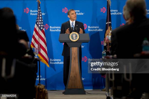 President Barack Obama addresses members of the Business Roundtable at their headquarters in Washington, D.C., U.S., on Wednesday, Dec. 5, 2012....