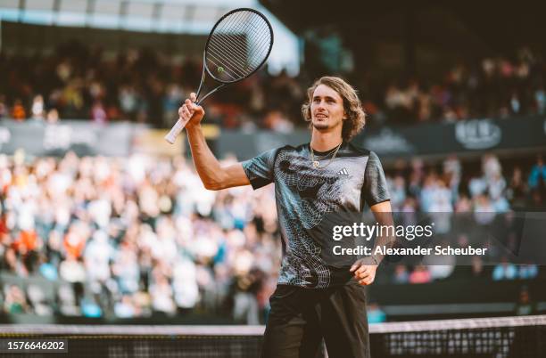 Alexander Zverev of Germany celebrates winning during day seven of the Hamburg European Open 2023 at Rothenbaum on July 28, 2023 in Hamburg, Germany.