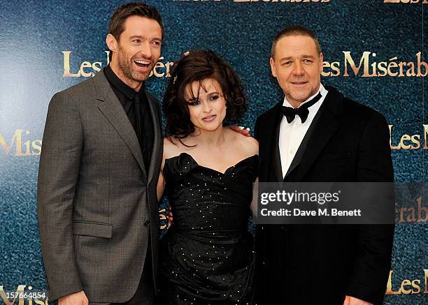 Hugh Jackman, Helena Bonham Carter and Russell Crowe attend the World Premiere of 'Les Miserables' at Odeon Leicester Square on December 5, 2012 in...