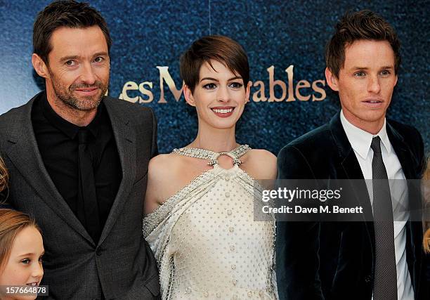 Hugh Jackman, Anne Hathaway and Eddie Redmayne attend the World Premiere of 'Les Miserables' at Odeon Leicester Square on December 5, 2012 in London,...