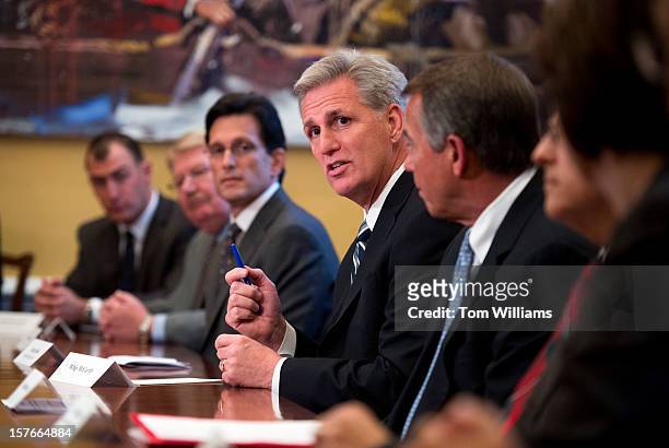 House Republican leaders including House Majority Leader Eric Cantor, R-Va., third from left, House Majority Whip Kevin McCarthy, R-Calif, fourth,...
