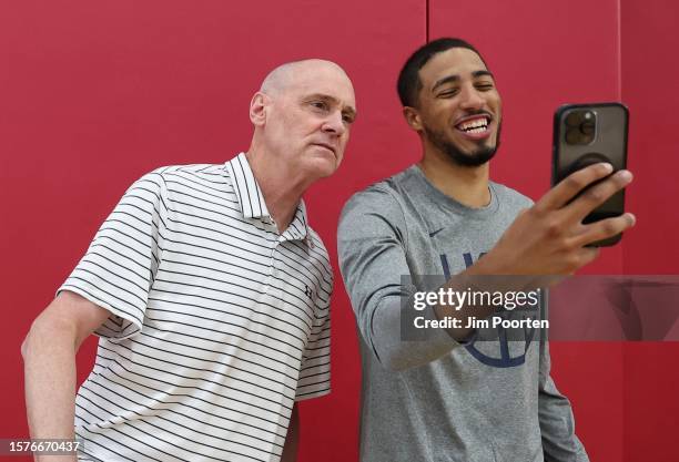 Rick Carlisle and Tyrese Haliburton pose during the USA Men's National Team Practice as part of 2023 FIBA World Cup on August 3, 2023 at the...