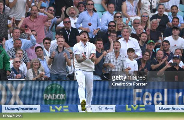 England captain Ben Stokes takes the catch to dismiss Australia batsman Pat Cummins during day two of the LV= Insurance Ashes 5th Test Match between...