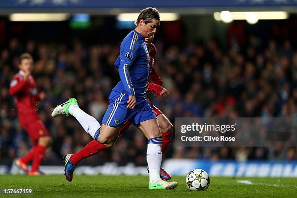 Fernando Torres of Chelsea attempts a shot on goal during the UEFA Champions League group E match between Chelsea and FC Nordsjaelland at Stamford...