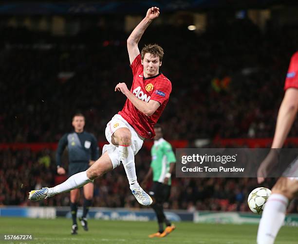 Nick Powell of Manchester United in action during the UEFA Champions League Group H match between Manchester United and CFR 1907 Cluj at Old Trafford...