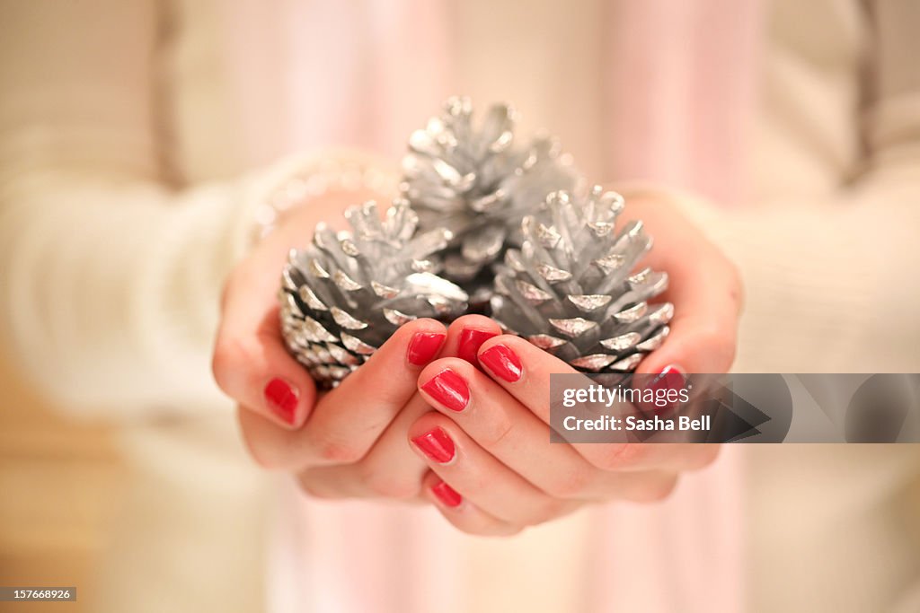 Girl holding silver pine cones in hands