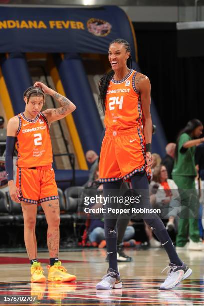 DeWanna Bonner of the Connecticut Sun celebrates during the game on August 4, 2023 at Gainbridge Fieldhouse in Indianapolis, Indiana. NOTE TO USER:...
