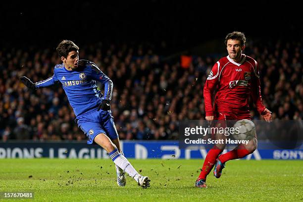 Oscar of Chelsea scores his team's sixth goal during the UEFA Champions League group E match between Chelsea and FC Nordsjaelland at Stamford Bridge...