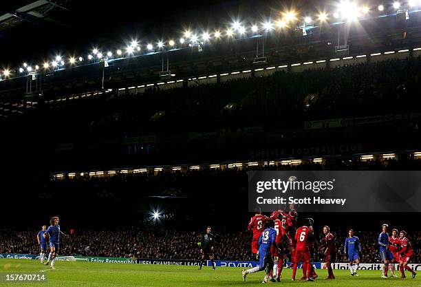 David Luiz of Chelsea takes a free kick during the UEFA Champions League group E match between Chelsea and FC Nordsjaelland at Stamford Bridge on...