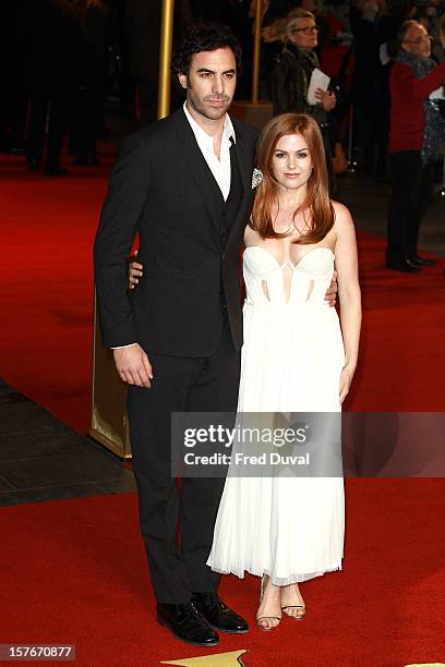 Sacha Baron Cohen and Isla Fisher attend the World Premiere of 'Les Miserables' at Odeon Leicester Square on December 5, 2012 in London, England.