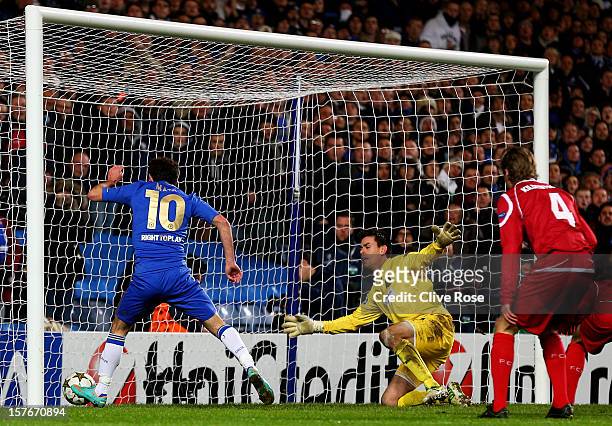 Juan Mata of Chelsea scores his team's fifth goal during the UEFA Champions League group E match between Chelsea and FC Nordsjaelland at Stamford...