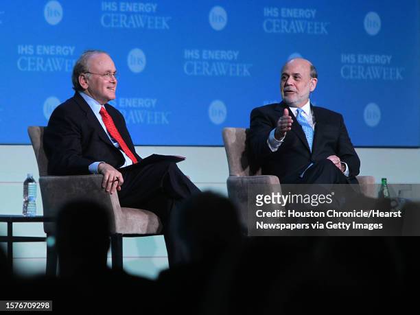 Daniel Yergin, Vice Chairman of IHS, leads discussion with Ben Bernake, Former Chairman of the U.S. Federal Reserve System delivers remarks during...
