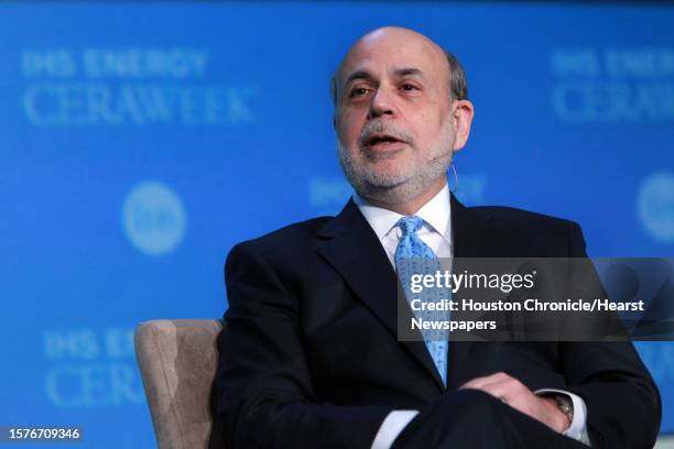 Ben Bernanke, Former Chairman of the U.S. Federal Reserve System, delivers remarks during the IHS Leadership Forum during CERA Week at Hilton...