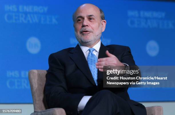 Ben Bernanke, Former Chairman of the U.S. Federal Reserve System, delivers remarks during the IHS Leadership Forum during CERA Week at Hilton...