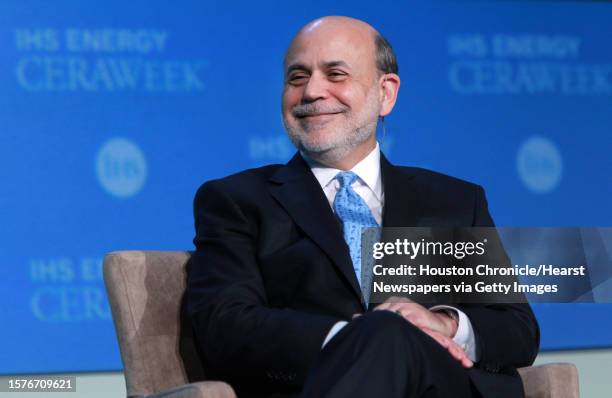 Ben Bernanke, Former Chairman of the U.S. Federal Reserve System, delivers remarks during the IHS Leadership Forum during CERA Week at Hilton...