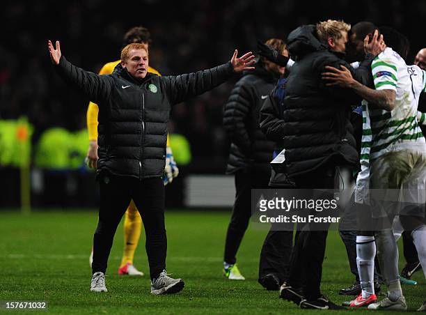 Celtic manager Neil Lennon celebrates on the final whistle during the UEFA Champions League Group G match between Celtic FC and FC Spartak Moscow at...