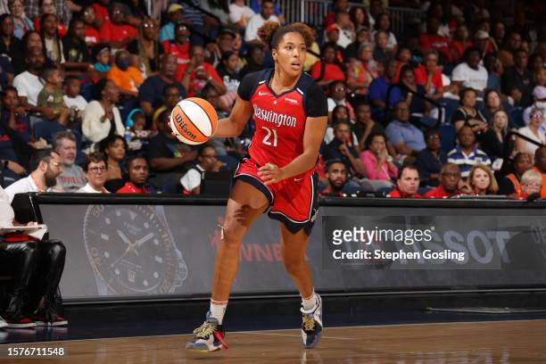 Tianna Hawkins of the Washington Mystics dribbles the ball during the game against the Los Angeles Sparks on August 4, 2023 at Entertainment and...