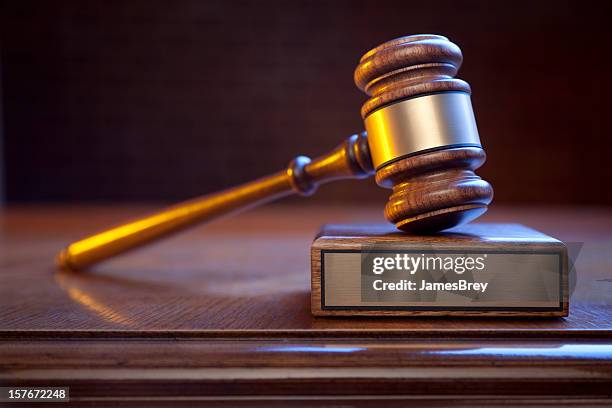 justice gavel and block on judge's bench with blank plaque - wooden shield stock pictures, royalty-free photos & images